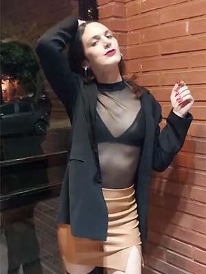 Trans business woman hiding fishnet under the blazer, LA